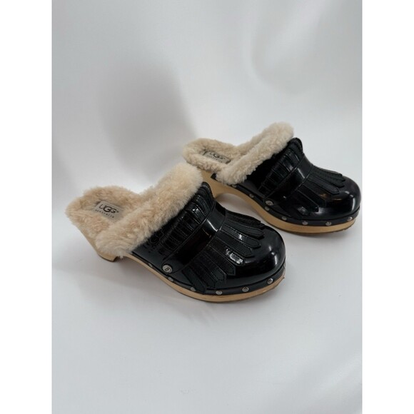 UGG Black Patent Leather Kiltie Clog With Detatchable Fringe Size 7 Rare - Picture 1 of 15